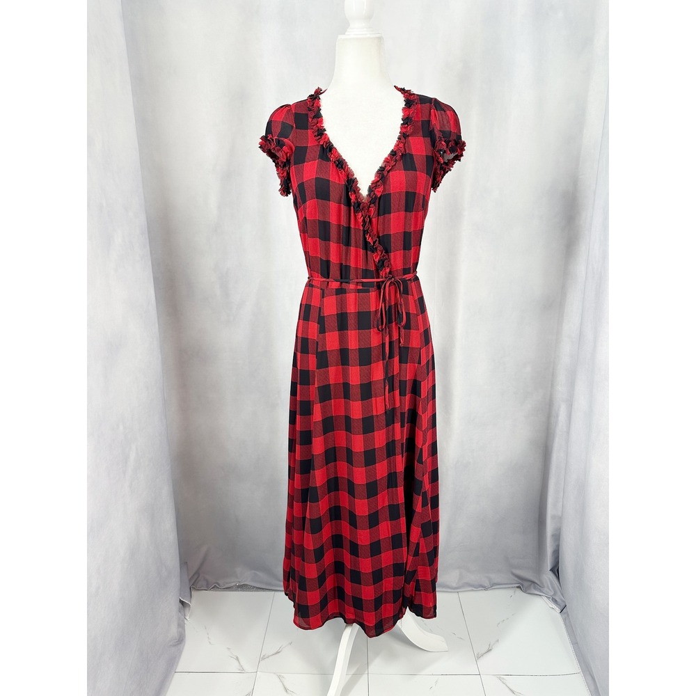 Reformation Gwenyth Red Black Buffalo Check Ruffle Wrap Midi Dress Size Small